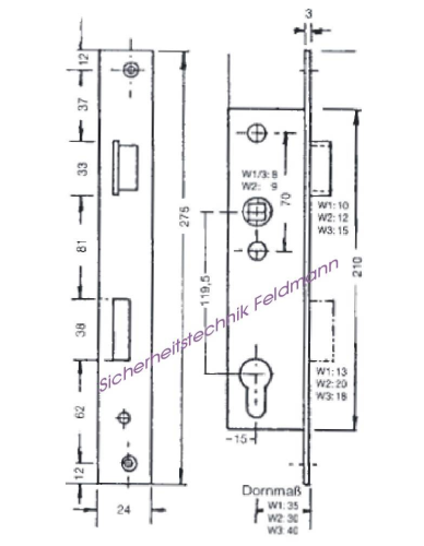 Giesche W3 Entfernung 119,5mm, Dornmaß 40mm, Falle und Riegel 5mm vorstehend